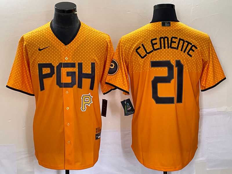 Mens Pittsburgh Pirates #21 Roberto Clemente Gold 2023 City Connect Stitched Jersey 1->pittsburgh pirates->MLB Jersey